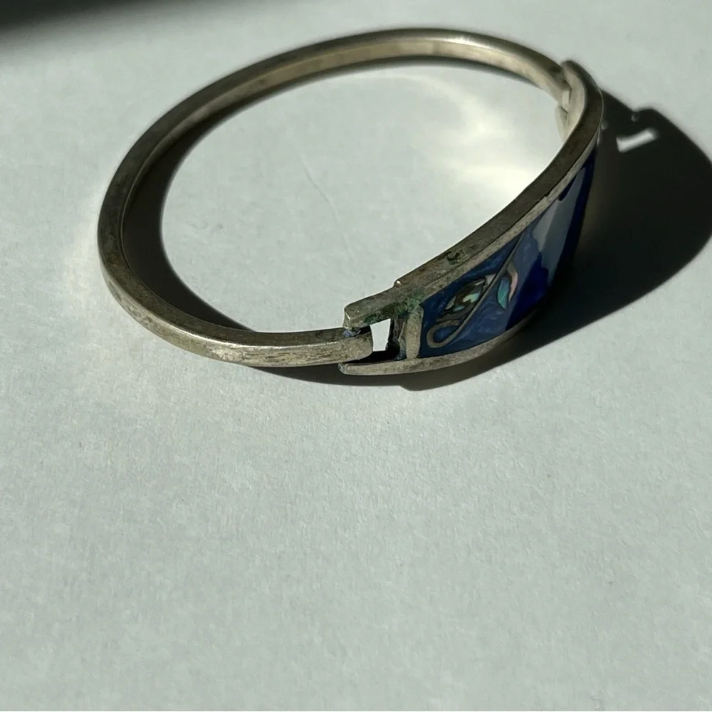 Vintage Alpaca Mexico Silver Abalone Inlay Hinge Bangle Bracelet - Picture 5 of 9